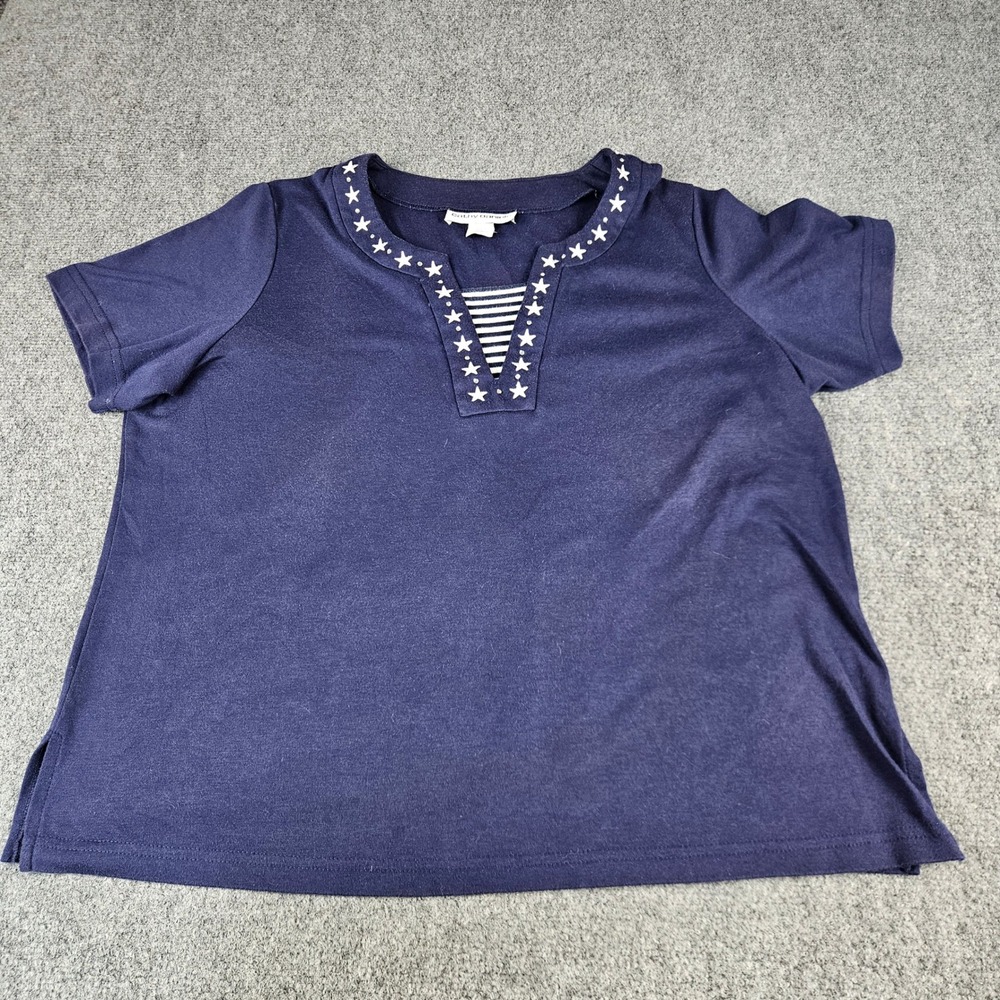 Cathy Daniels Womens 4th July Navy Blue Star Neckline Short Sleeve Top Size‎ Lg